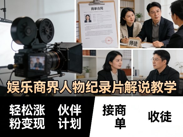 娱乐商界人物纪录片解说教学，轻松涨粉变现，伙伴计划，接商单，收徒等-聚业