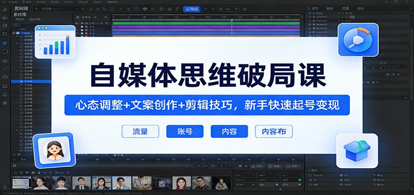自媒体思维破局课:心态调整+文案创作+剪辑技巧,新手快速起号变现-聚业