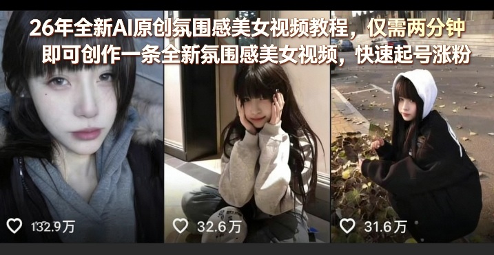 26年全新AI原创氛围感美女视频教程,仅需两分钟即可创作一条全新氛围感美女视频,快速起号涨粉-聚业