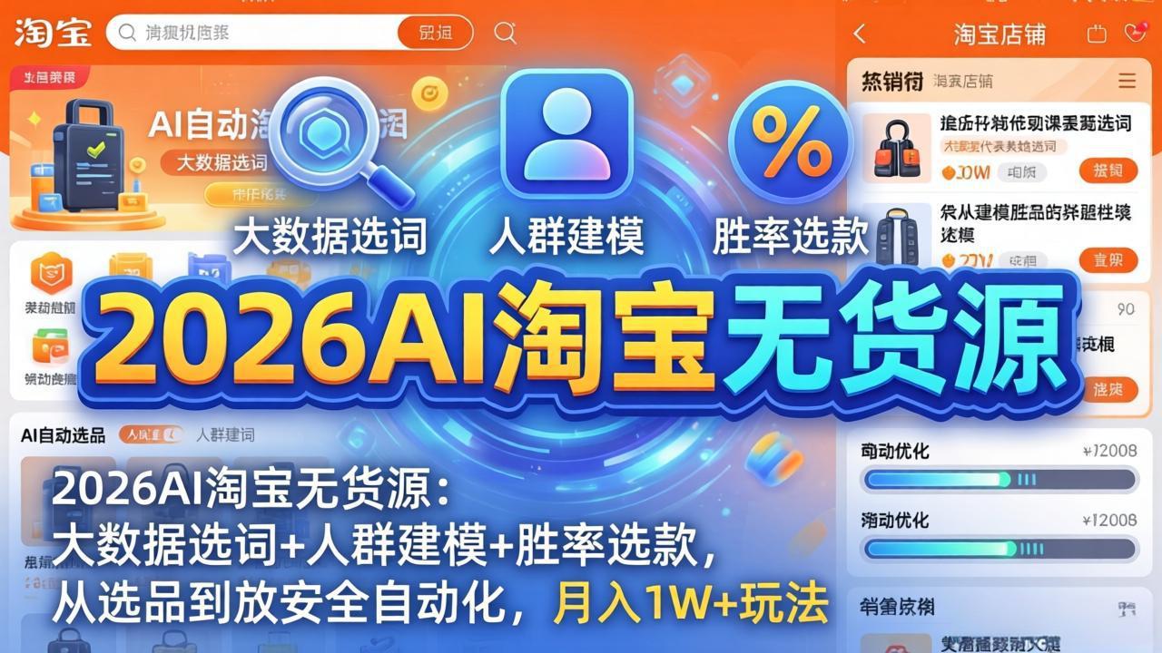 2026AI淘宝无货源:大数据选词+人群建模+胜率选款,从选品到放大全自动化,月入1W+玩法-聚业