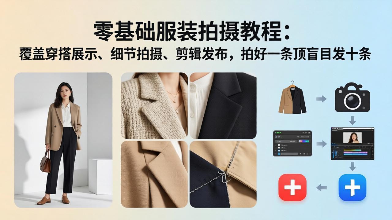 零基础服装拍摄教程：覆盖穿搭展示、细节拍摄、剪辑发布，拍好一条顶盲目发十条-聚业