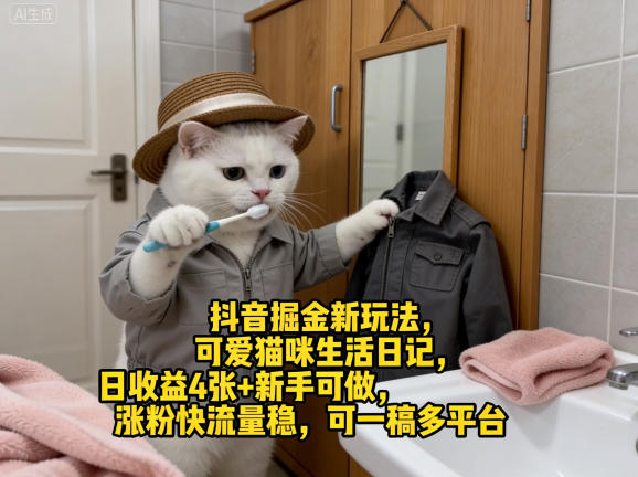 抖音掘金新玩法，可爱猫咪生活日记，日收益4张+新手可做，涨粉快流量稳，可一稿多平台-聚业
