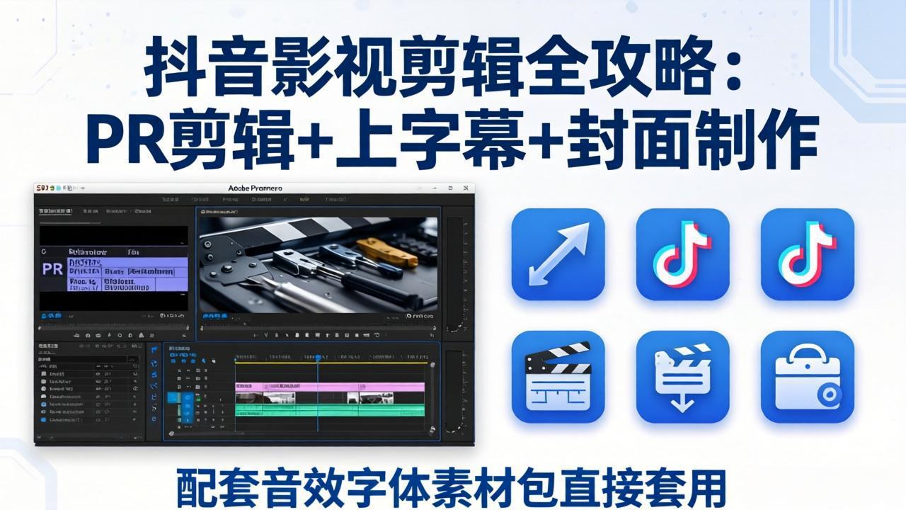 抖音影视剪辑全攻略：PR剪辑+上字幕+封面制作，配套音效字体素材包直接套用-聚业