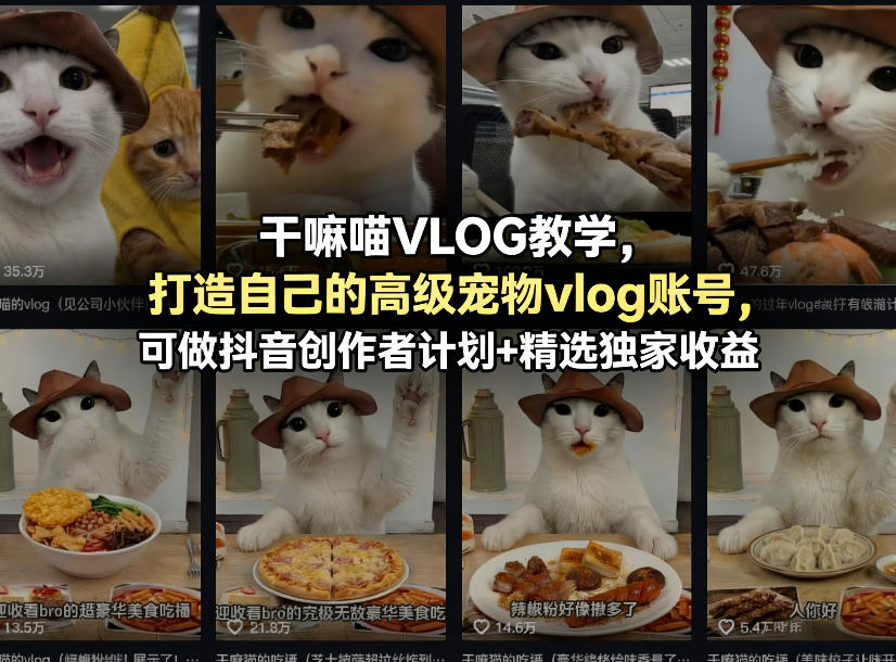 干嘛喵VLOG教学,打造自己的高级宠物vlog账号,可做抖音创作者计划+精选独家收益-聚业