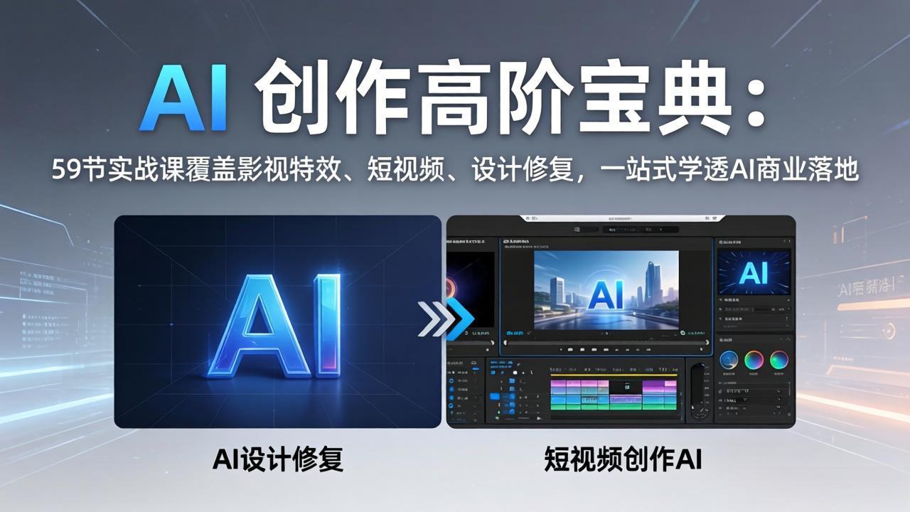 AI 创作高阶宝典:59节实战课覆盖影视特效、短视频、设计修复,一站式学透AI商业落地-聚业