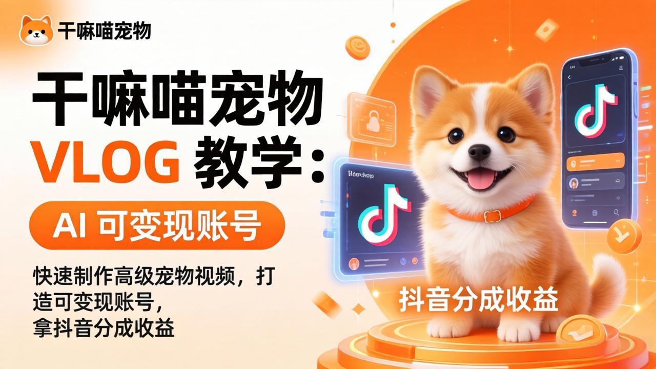 干嘛喵宠物 VLOG 教学:AI 快速制作高级宠物视频,打造可变现账号,拿抖音分成收益-聚业