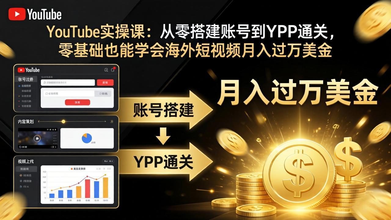 YouTube实操课：从零搭建账号到YPP通关，零基础也能学会海外短视频月入过万美金-聚业
