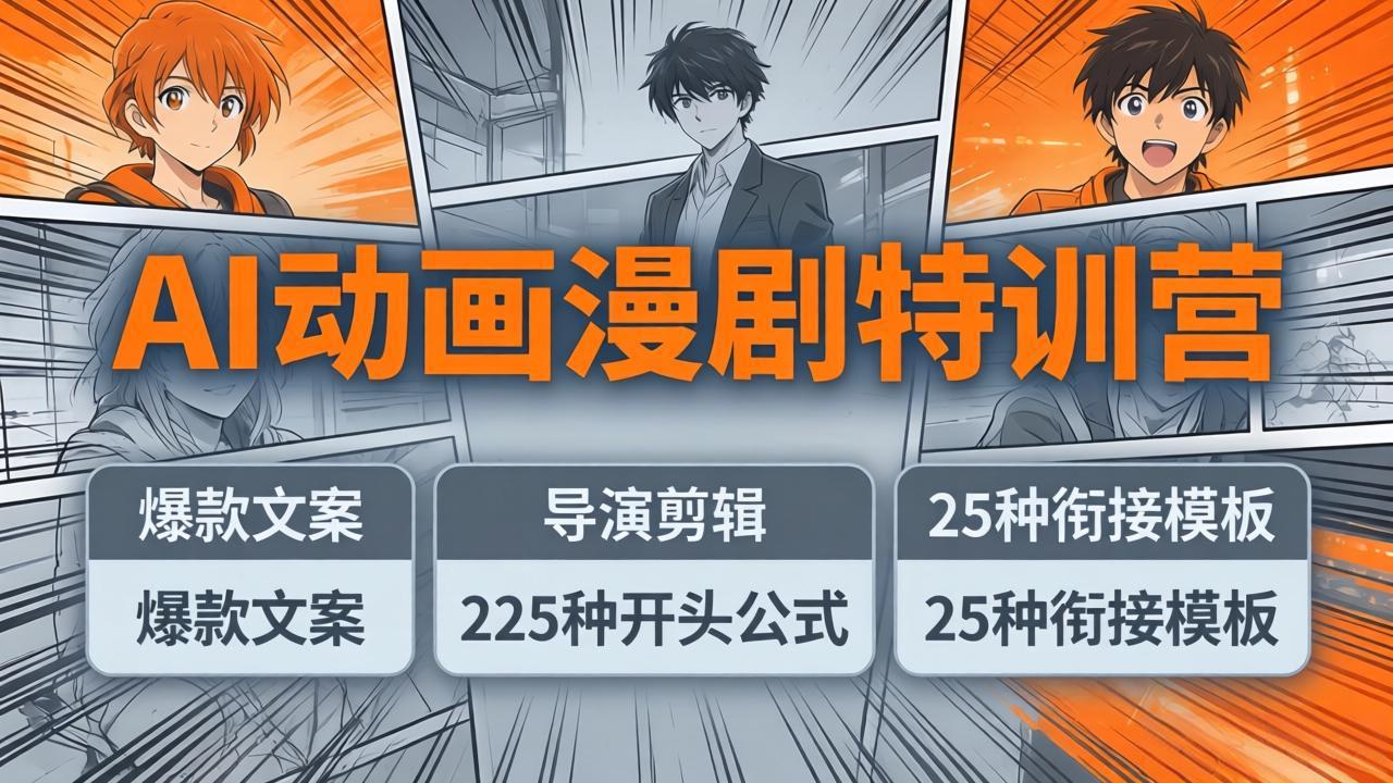AI动画漫剧特训营:爆款文案+导演剪辑:225种开头公式+25种衔接模板,两小时剪电影级大片-聚业