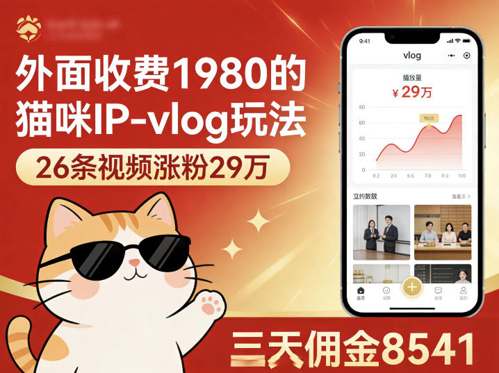 外面收费1980的猫咪IP-vlog玩法，26条视频涨粉29W，三天佣金8541-聚业