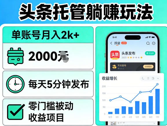 头条托管躺賺玩法,单账号月入2k+,每天5分钟发布即可,零门槛被动收益项目【揭秘】-聚业