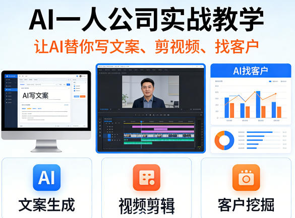 AI一人公司实战教学，让AI替你写文案、剪视频、找客户-聚业