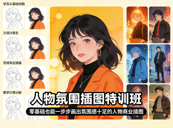 人物氛围插图特训班，零基础也能一步步画出氛围感十足的人物商业插图-聚业