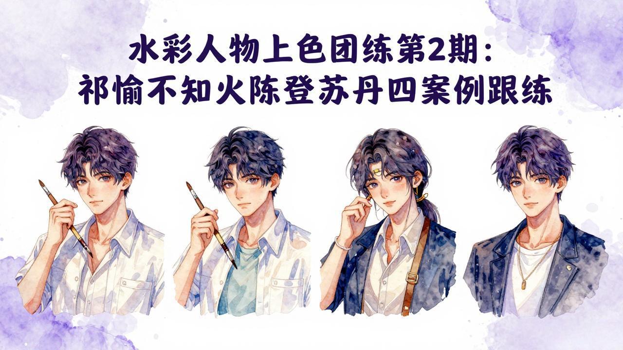 水彩人物上色团练第2期:祁煜不知火陈登苏丹四案例跟练,手把手提升绘画能力-聚业