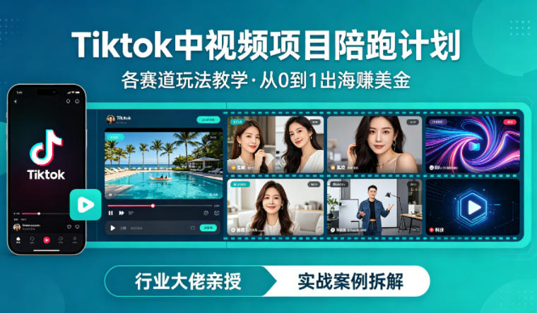 某大佬的Tiktok中视频项目陪跑,涵盖TK各个赛道玩法教学,从0到1出海賺美金-聚业