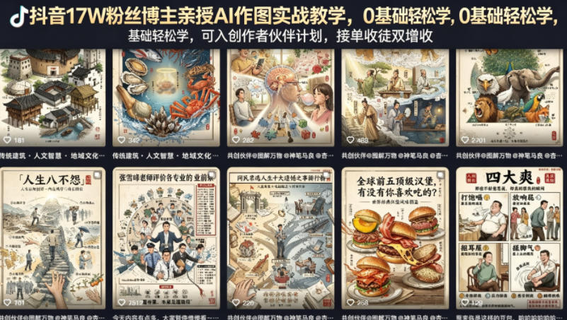 抖音17W粉丝博主亲授AI作图实战教学,0基础轻松学,可入创作者伙伴计划,接单收徒双增收-聚业