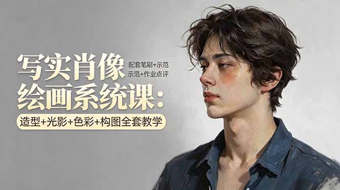 写实肖像绘画系统课:造型+光影+色彩+构图全套教学,配套笔刷+示范+作业点评-聚业