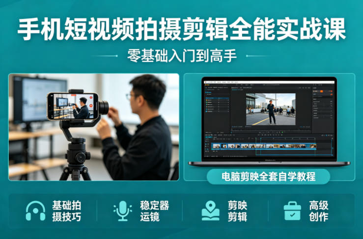 手机短视频拍摄剪辑全能实战课：零基础入门到高手，稳定器运镜+电脑剪映全套自学教程-聚业