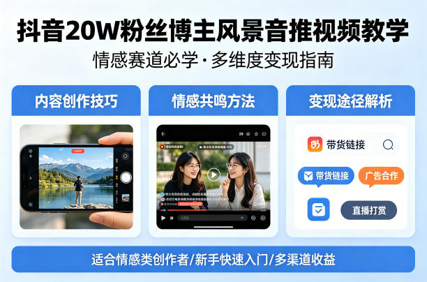 抖音20W粉丝博主风景音推视频教学,情感赛道必学,各种变现途径-聚业