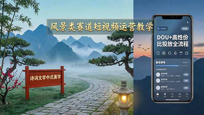风景类赛道短视频运营教学：诗词文学中式美学，新号养号对标账号定位，DOU+高性价比投放全流程-聚业