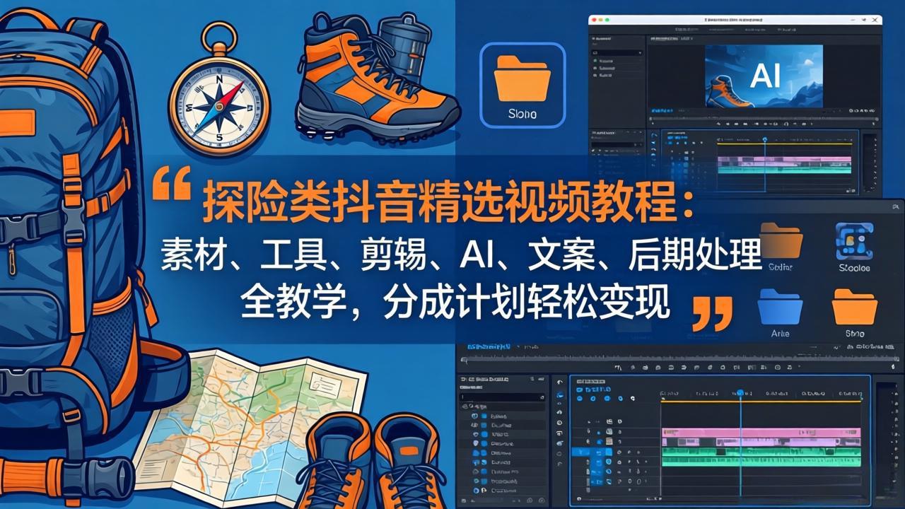 探险类抖音精选视频教程：素材、工具、剪辑、AI、文案、后期处理全教学，分成计划轻松变现-聚业