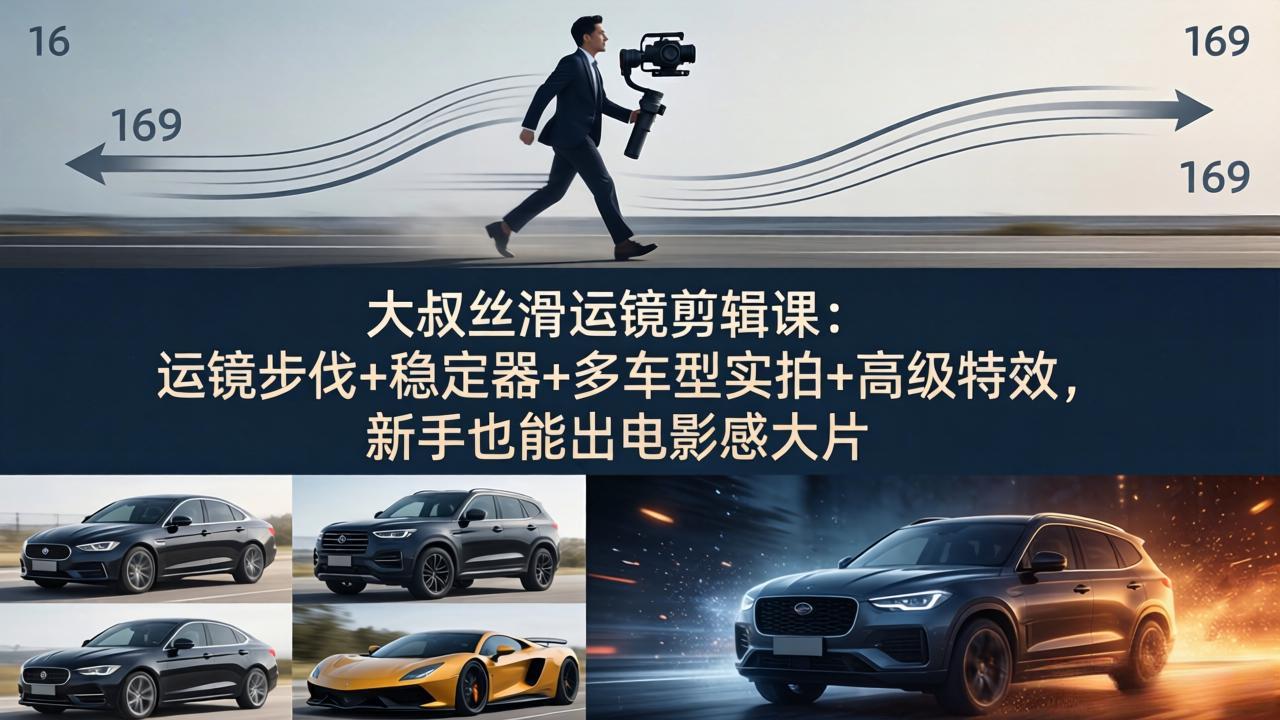 大叔丝滑运镜剪辑课：运镜步伐+稳定器+多车型实拍+高级特效，新手也能出电影感大片-聚业