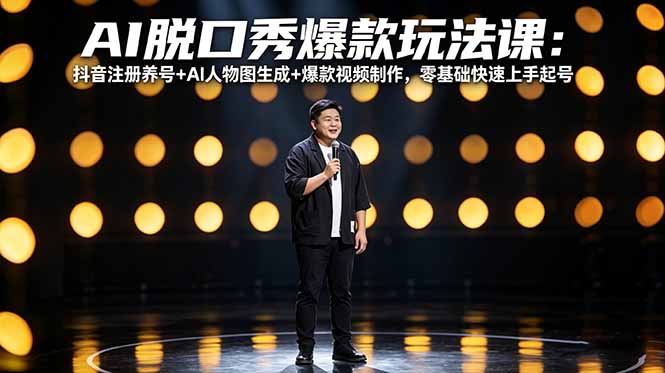 AI脱口秀爆款玩法课：抖音注册养号+AI人物图生成+爆款视频制作，零基础快速上手起号-聚业
