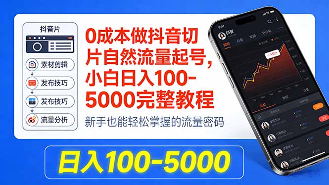 0成本做抖音切片自然流量起号，小白日入100-5000完整教程-聚业
