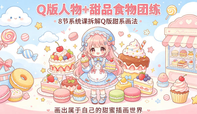 Q版人物+甜品食物团练,8节系统课拆解Q版甜系画法,画出属于自己的甜蜜插画世界-聚业