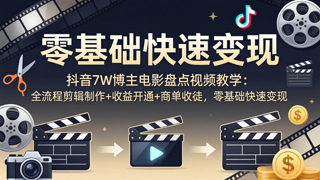 抖音7W博主电影盘点视频教学:全流程剪辑制作+收益开通+商单收徒,零基础快速变现-聚业