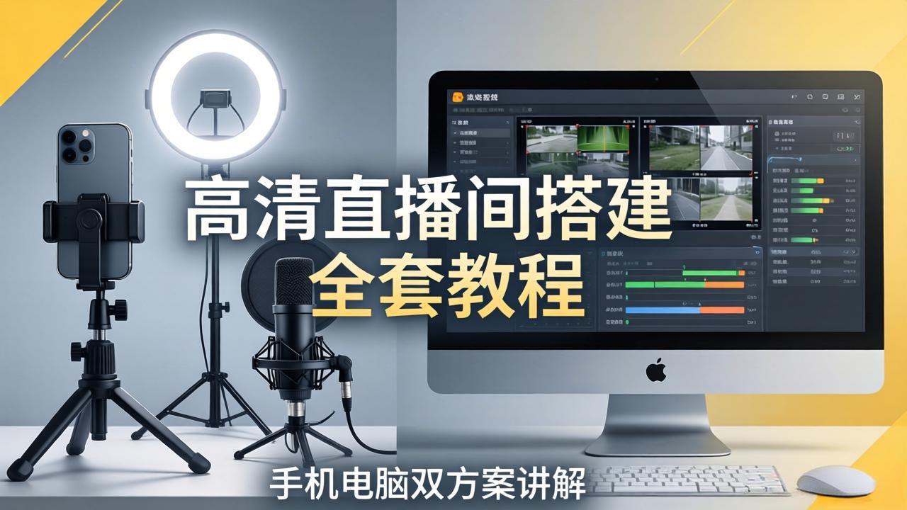高清直播间搭建全套教程，手机电脑双方案讲解，设备选型调试多机位实操教学-聚业