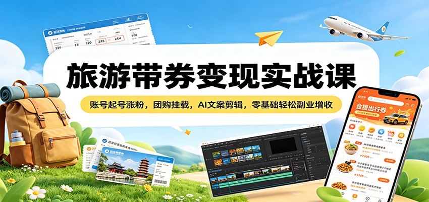 旅游带券变现实战课:账号起号涨粉,团购挂载,AI文案剪辑,零基础轻松副业增收-聚业