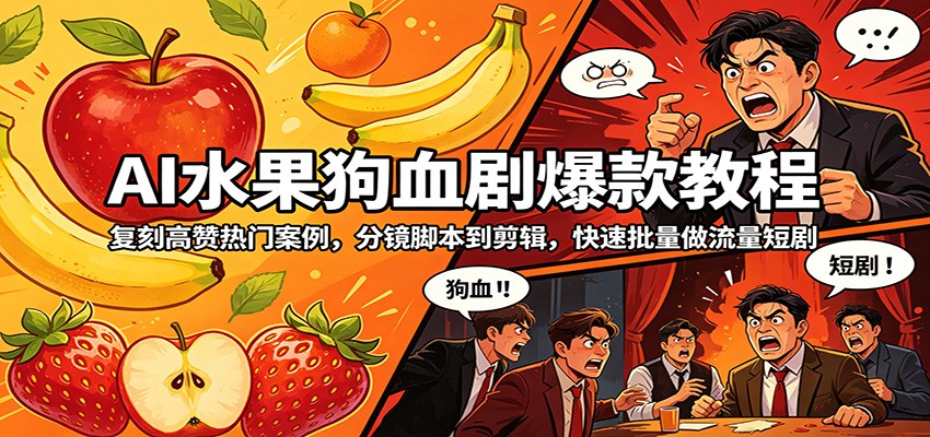 AI水果狗血剧爆款教程:复刻高赞热门案例,分镜脚本到剪辑,快速批量做流量短剧-聚业