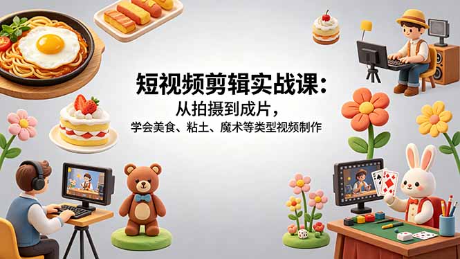 短视频剪辑实战课：从拍摄到成片，学会美食、粘土、魔术等类型视频制作-聚业