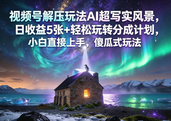 视频号解压玩法AI超写实风景，日收益5张+轻松玩转分成计划，小白直接上手，傻瓜式玩法-聚业