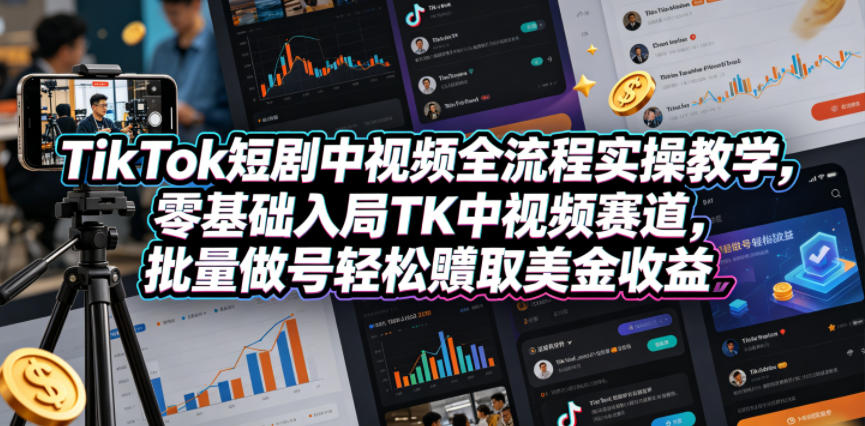 TikTok短剧中视频全流程实操教学，零基础入局TK中视频赛道，批量做号轻松賺取美金收益-聚业