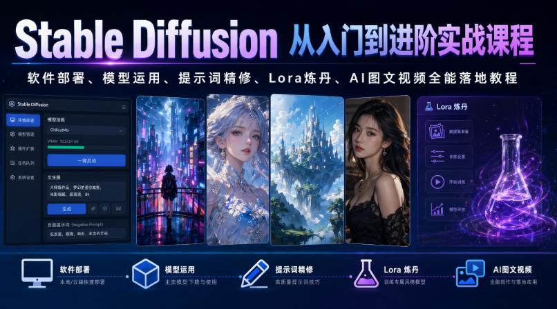Stable Diffusion从入门到进阶实战课程|软件部署、模型运用、提示词精修、Lora炼丹、AI图文视频全能落地教程-聚业