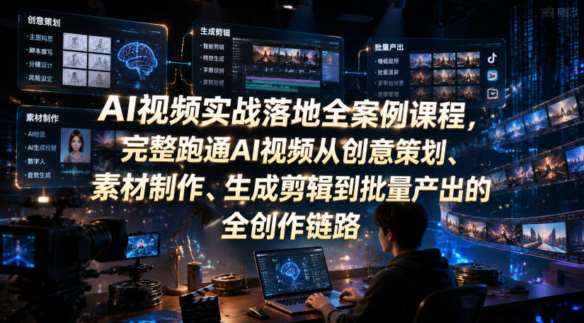 AI视频实战落地全案例课程,完整跑通AI视频从创意策划、素材制作、生成剪辑到批量产出的全创作链路-聚业