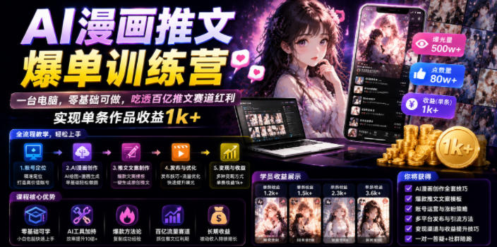 AI漫画推文爆单训练营,一台电脑,零基础可做,吃透百亿推文赛道红利,实现单条作品收益1k+-聚业
