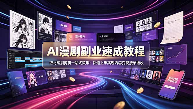 AI漫剧副业速成教程,取材编剧剪辑一站式教学;快速上手实现内容变现接单增收-聚业