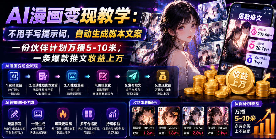 AI漫画变现教学:不用手写提示词,自动生成脚本文案,一份伙伴计划万播5-10米,一条爆款推文收益上W-聚业