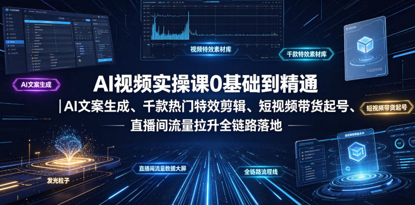 AI视频实操课0基础到精通|AI文案生成、千款热门特效剪辑、短视频带货起号、直播间流量拉升全链路落地-聚业