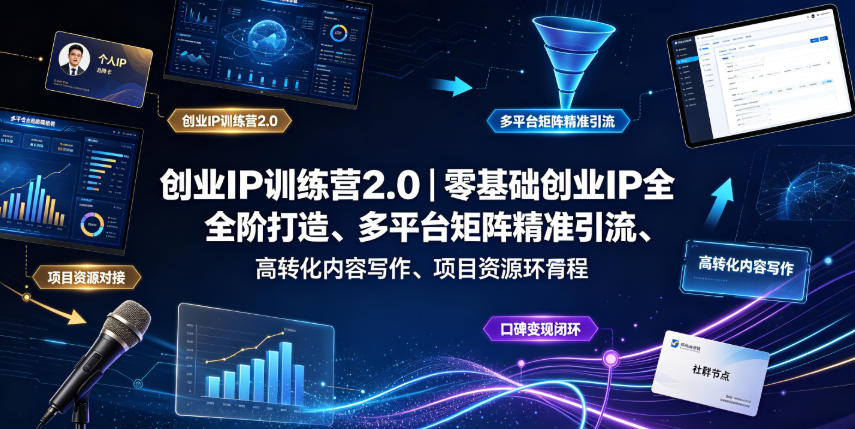 创业IP训练营2.0|零基础创业IP全阶打造、多平台矩阵精准引流、高转化内容写作、项目资源对接与口碑变现闭环课程-聚业