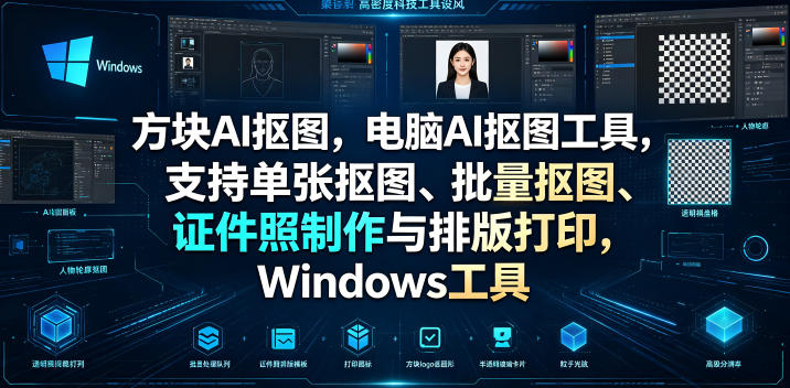 方块AI抠图,电脑AI抠图工具,支持单张抠图、批量抠图、证件照制作与排版打印,Windows工具-聚业