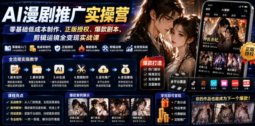 AI漫剧推广实操营|零基础低成本制作、正版授权、爆款剧本、剪辑运镜全变现实战课-聚业