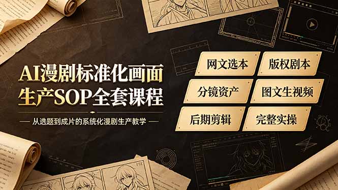 AI漫剧标准化画面生产SOP全套课程,网文选本版权剧本分镜资产全覆盖,图文生视频后期剪辑完整实操教学-聚业