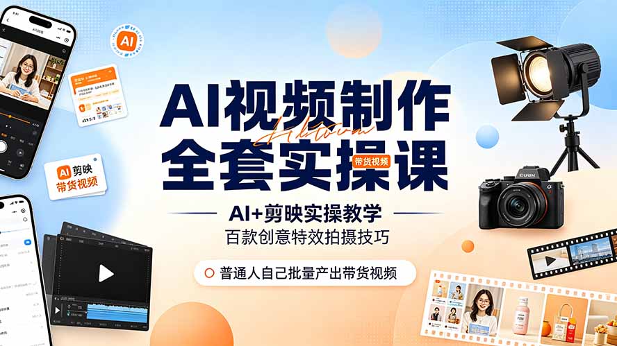 AI视频制作全套实操课，多款AI工具搭配剪映教学，百种特效运镜拍摄实操，抖音账号带货运营全覆盖-聚业