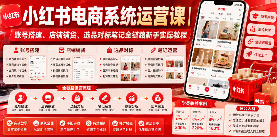 小红书电商系统运营课｜账号搭建、店铺铺货、选品对标笔记全链路新手实操教程-聚业