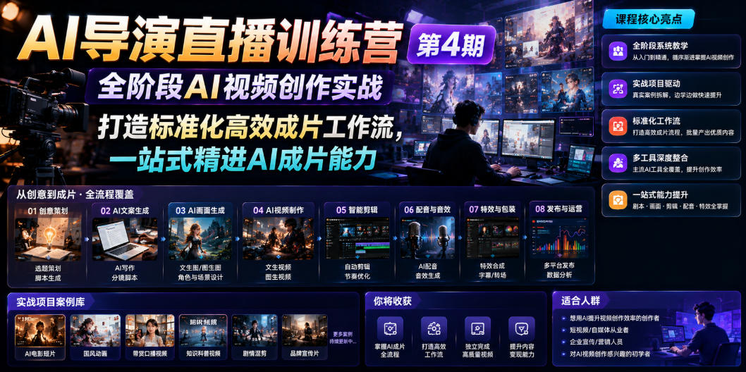 AI导演直播训练营第4期｜全阶段AI视频创作实战，打造标准化高效成片工作流，一站式精进AI成片能力-聚业