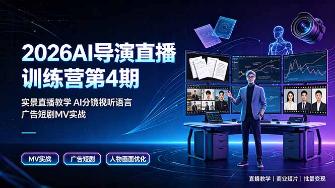 2026AI导演直播训练营第4期,实景直播教学AI分镜视听语言,广告短剧MV实战,解决人物画面崩坏痛点-聚业