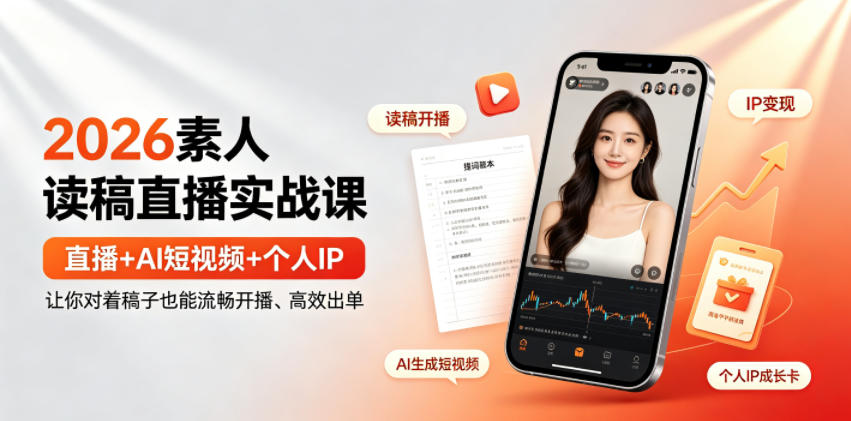 2026素人读稿直播实战课｜直播+AI短视频+个人IP，让你对着稿子也能流畅开播、高效出单-聚业